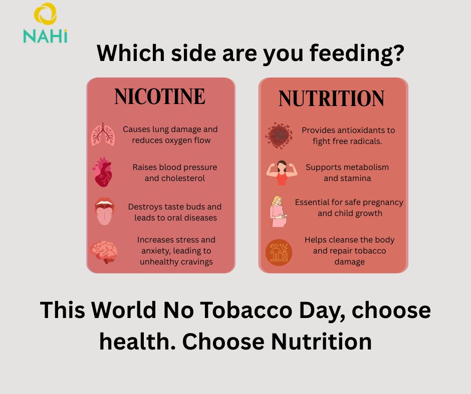 NAH_Initiative's tweet photo. Nicotine takes. Nutrition gives.
Smoking raises your blood pressure, damages your lungs, and wrecks your taste buds.
Healthy nutrition strengthens immunity, supports healing, and fuels your energy.
 Choose the path that nourishes your body and mind.
#WorldNoTobaccoDay #NAHI https://t.co/ABq22Z8KCV