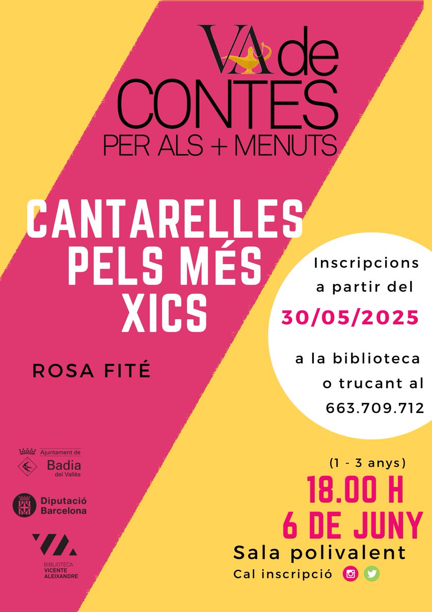Hora del conte a la biblioteca!! Amb Rosa Fité i la sessió "Cantarelles pels més xics" 

📅 Divendres 6 de juny a les 18h 

➡️De 1 a 3 anys. Cal inscripció prèvia

#BibliotecaVicenteAleixandre #BibliotecaBadia #BadiaDelVallès #quèfemalesbiblios