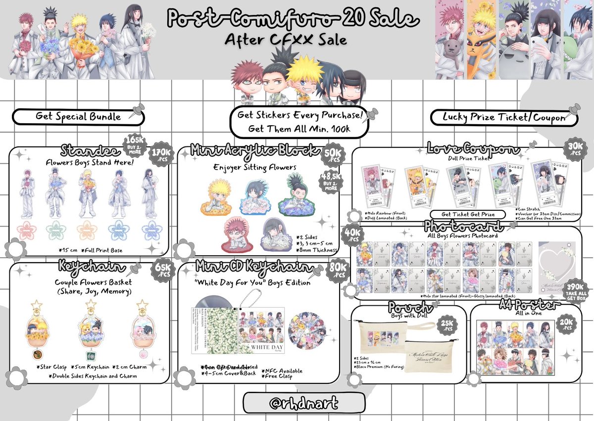 rhdnart's tweet image. [🔃+💗 are appreciated] 🙇‍♂️

📨Mail Order Post #CF20 Sale/ After #CFXX Sale + GA/Lucky Prize (Love Coupon based)🧧

💫 Naruto
📦 Ready Stock (Item may discontinued after sold out)
🛍️ Mail Order? DM me 🙋‍♂️
🔗🍊 id.shp.ee/S81i6FC  

#comifuro20catalogue #cfxxcatalog