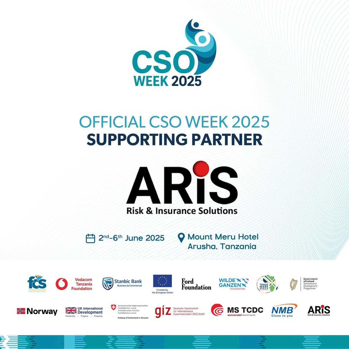 We’re excited to announce Aris Risk &amp; Insurance Solutions Ltd as a supporting partner for #CSOWeek2025.

Join development actors in Arusha
Dates: 2nd–6th June 2025
Venue: Mount Meru Hotel, Arusha, Tanzania
Register now: buff.ly/iDinNfS