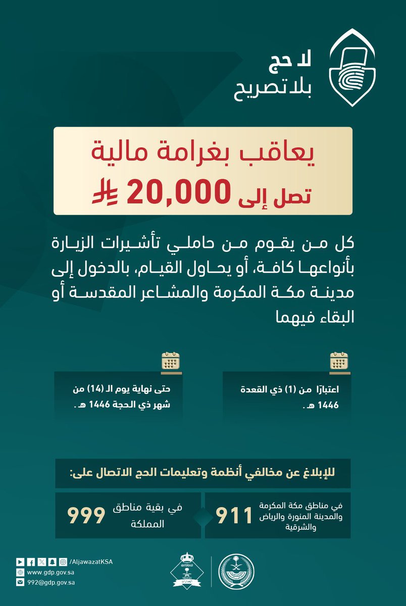 يعاقب كل من يقوم أو يحاول من حاملي تأشيرات الزيارة بمختلف أنواعها ومسمياتها كافة الدخول إلى مدينة مكة المكرمة والمشاعر المقدسة أو البقاء فيهما بغرامة مالية تصل إلى (20,000) ريال.

#لا_حج_بلا_تصريح