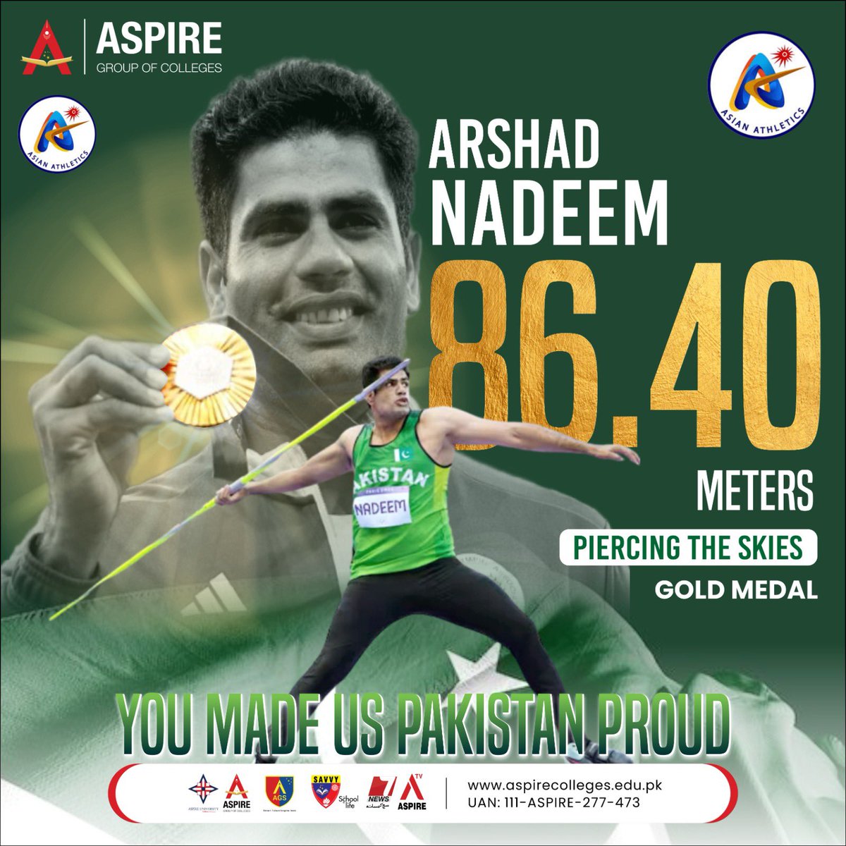 Arshad Nadeem’s 86.40m gold medal throw is not just a sporting milestone—it’s a resounding reminder of Pakistan’s boundless potential and Loud Message for Youth talent is nurtured with discipline and purpose, greatness follows.

#GoldForPakistan #AspireWithArshad #PakistanRising