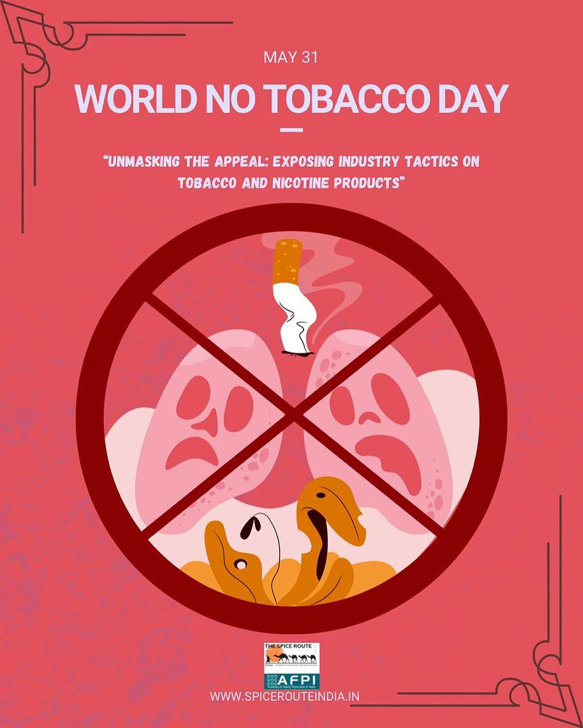 31st May -  World No Tobacco Day 

Theme : 
  “Unmasking the appeal: Exposing industry tactics on tobacco &amp; nicotine products”

Family physicians have an important role in spreading this awareness &amp; helping in de-addiction.

#spicerouteindiamovement #proudtobeafamilyphysician