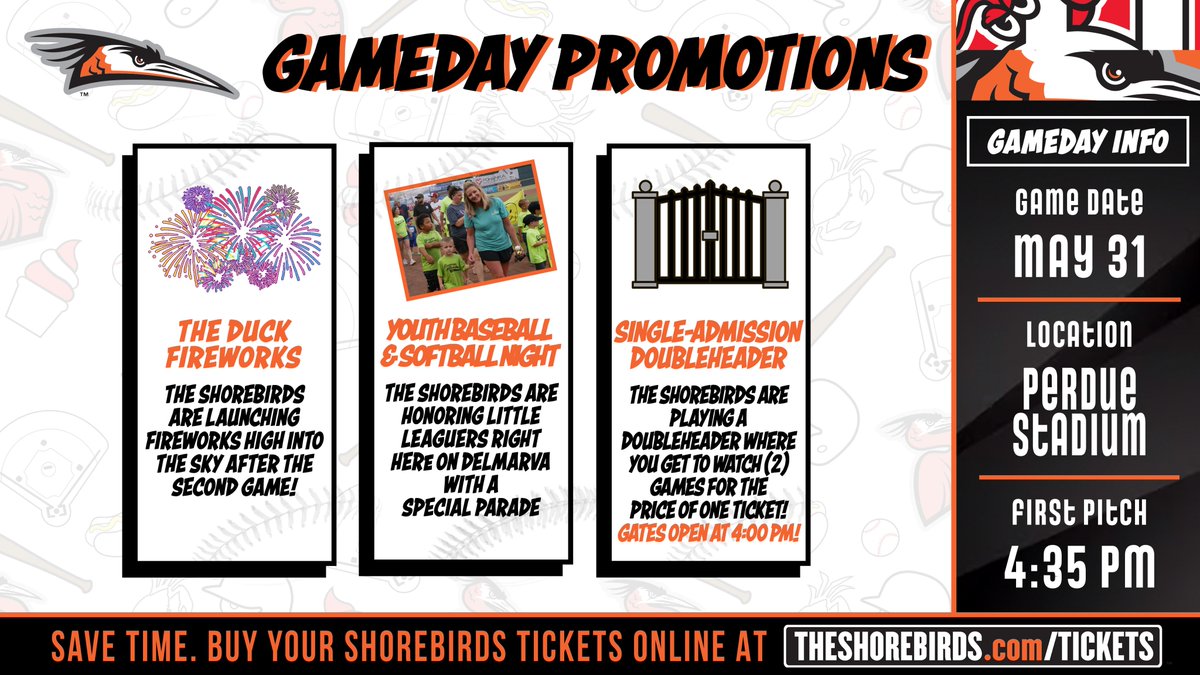 The Shorebirds are home TONIGHT with a single-admission doubleheader and fireworks after the second game! Check out the promotions and buy your tickets 👇

Buy Tickets 👉 bit.ly/3HXnktz

#FlyTogether  | #Birdland