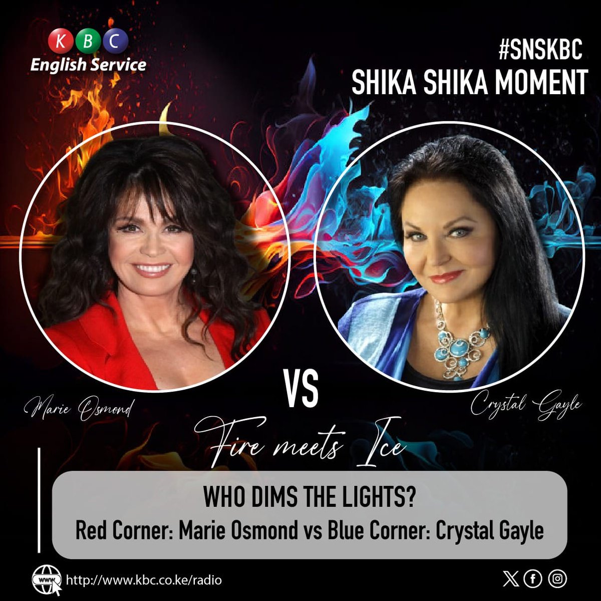 KBC English Service (@kbcenglish) on Twitter photo Saturday Night Show SNS.
Shika Shika Moment: Fire meets Ice. Who dims the lights <a href="/kbcenglish/">KBC English Service</a> <a href="/johnkaranijk/">JOHN KARANI JK</a> . Red Corner: Marie Osmond vs Blue Corner: Crystal Gayle. Goodtimes are back.
#SNSKBC Saturday Night Show SNS.
Shika Shika Moment: Fire meets Ice. Who dims the lights <a href="/kbcenglish/">KBC English Service</a> <a href="/johnkaranijk/">JOHN KARANI JK</a> . Red Corner: Marie Osmond vs Blue Corner: Crystal Gayle. Goodtimes are back.
#SNSKBC