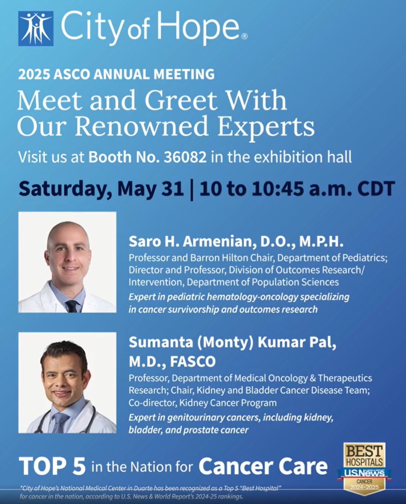 Sumanta K. Pal, MD, FASCO (@montypal) on Twitter photo At #ASCO25? Interested in working with our terrific team at <a href="/cityofhope/">City of Hope</a> (now with sites in #LA, #CHI, #ATL & #PHX)? Come join me & our terrific chair of #pediatriconcology <a href="/ArmenianSaro/">Saro Armenian</a> at 10 am at Booth 36082 to learn more! I've been there for nearly 20y & can affirm it's an At #ASCO25? Interested in working with our terrific team at <a href="/cityofhope/">City of Hope</a> (now with sites in #LA, #CHI, #ATL & #PHX)? Come join me & our terrific chair of #pediatriconcology <a href="/ArmenianSaro/">Saro Armenian</a> at 10 am at Booth 36082 to learn more! I've been there for nearly 20y & can affirm it's an