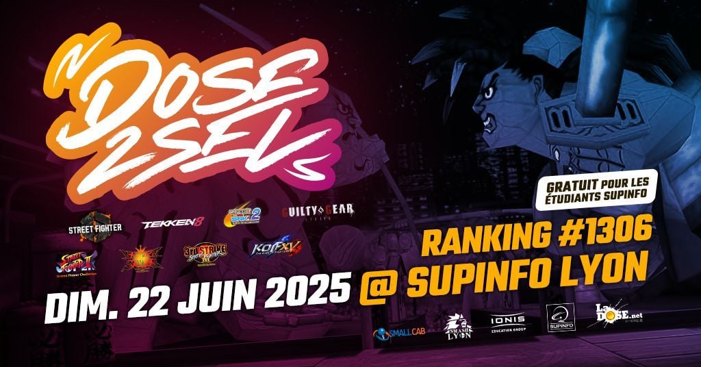 Le Ranking #1306 aura lieu dim. 22 juin <a href="/SUPINFO_Lyon/">SUPINFO Lyon</a> (gratuit pour les étudiants SUPINFO) ! 🏆 
Rankings : 🕹️ SSF2X / 3.3 / Vampire /🥊\ SF6 \ T8 🎮  
Freeplay : GGS • KOF XV • COTW | Side : CvS2 🔥 
Inscrivez-vous dès maintenant ➡️ start.gg/tournament/ran…