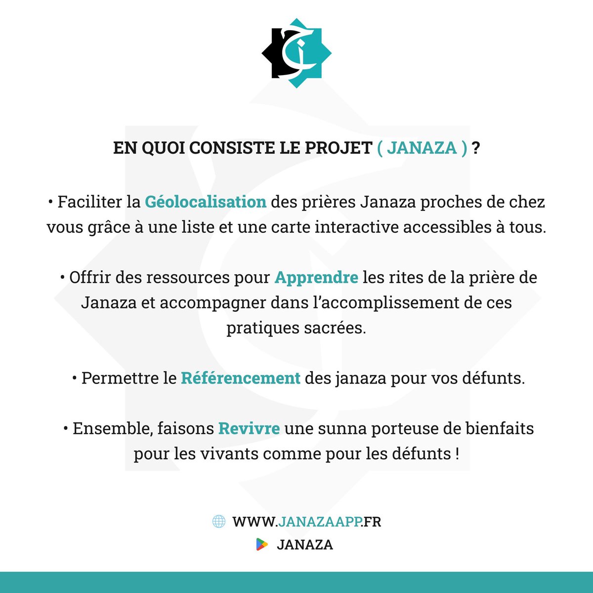 janaza_app's tweet image. 📢En quoi consiste le projetJΛNΛZΛ❓
• Notre site Web et notre application JANAZA sont à votre disposition sur iOS et Android !
⚰️Annoncez les Salât Janaza près de chez vous, publiez-la sur notre site ou via notre application. Ainsi, un maximum de personnes pourra se réunir…