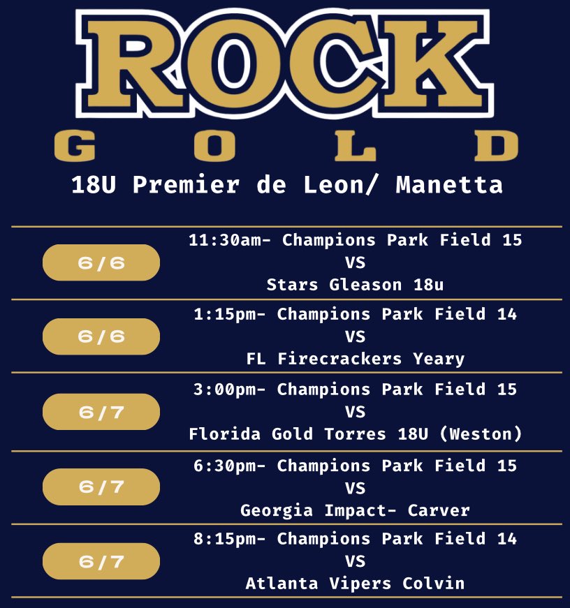 Our schedule for PGF Show Me the Money in Gainesville next week is out. Let’s go Rock Gold!
<a href="/Coach_Luis1721/">Coach Luis de Leon</a> <a href="/RockGold_deLeon/">Rock Gold Premier- de Leon / Manetta</a> <a href="/RockGoldManetta/">Rock Gold Manetta</a>