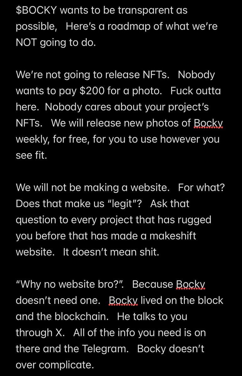 BockyCat's tweet photo. Here’s a list of things we are NOT going to do (photos).  I’m a cat that likes to keep one hunnnit.  💯
$BOCKY https://t.co/LW7G4AOJye
