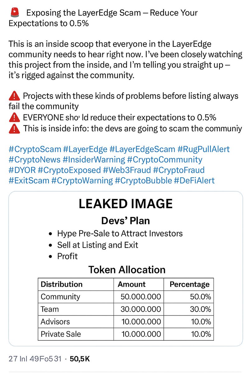 Justagirlkzhe's tweet image. 🚨Exposing the LayerEdge Scam – Reduce Your Expectations to 0.5%🚨
This is an inside scoop that everyone in the LayerEdge community needs to hear right now. I’ve been closely watching this project from the inside, and I’m telling you straight up it’s rigged against the community