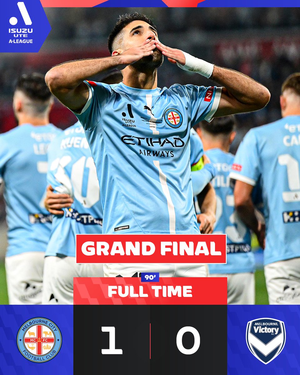 aleaguemen's tweet image. .@MELBOURNECITY WIN THE FIRST-EVER MELBOURNE DERBY GRAND FINAL! 🏆🔥

Yonatan Cohen's first-half strike wins the biggest Derby ever - and crowns City champions of Australia for the second time.

Match report: tinyurl.com/3ptmuzw7