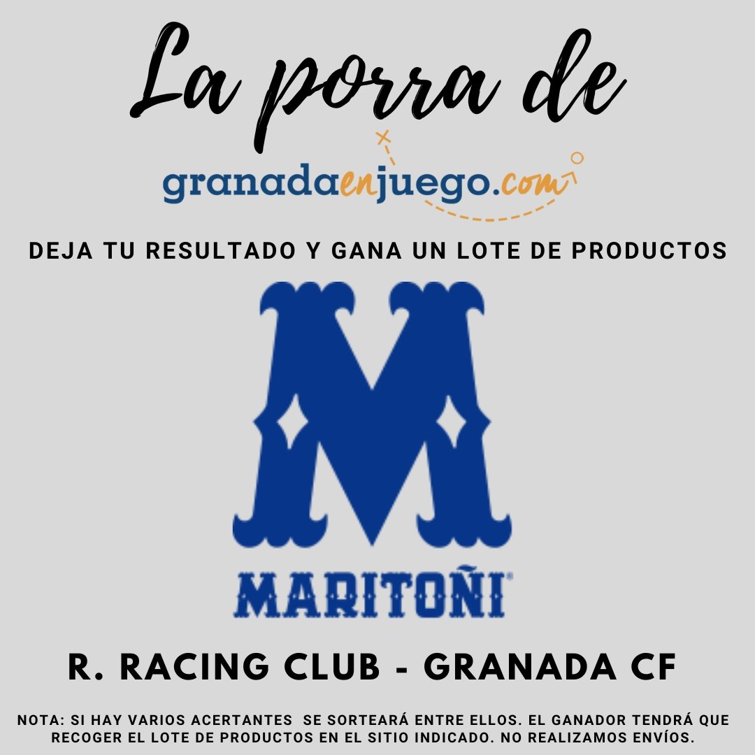 granadaenjuego's tweet photo. ¡Participa en nuestra porra!

¡Acierta el resultado del partido R. Racing Club 🆚️ Granada CF en nuestras redes sociales y llévate un lote de productos @Maritoni_SL!

👇 Condiciones
✅ Seguir nuestro perfil
✅ Retuit o compartir
✅ Dejar sólo un resultado https://t.co/9NLSHwaUzg