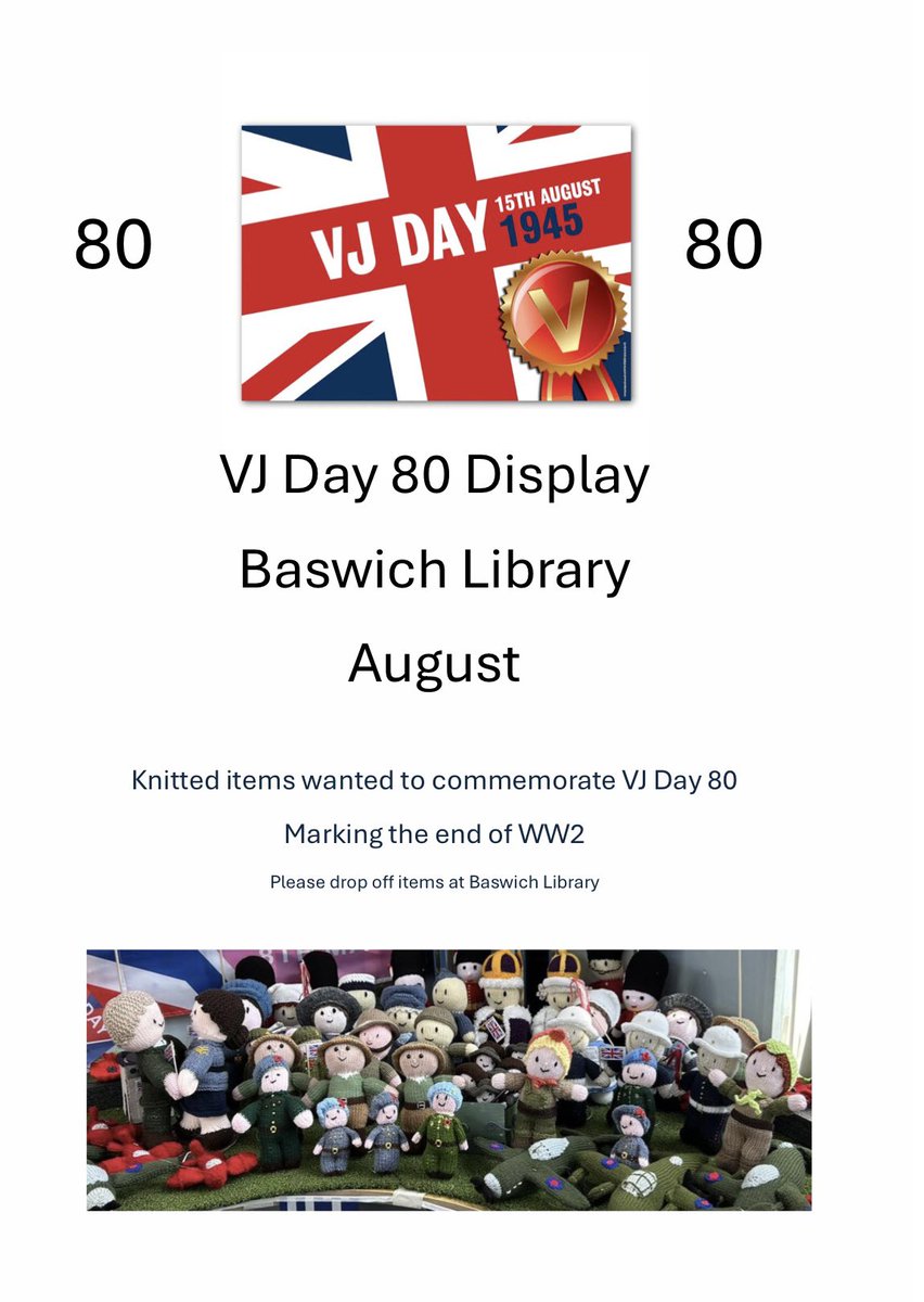 🇬🇧VJ Day 80 15th August🇬🇧
We will be commemorating VJ Day with a Knitted display in Baswich Library this August.
If you would like to contribute any knitted items to the display, please drop them off at the Library.
Thank you. 
#baswich #Stafford #VJDay80