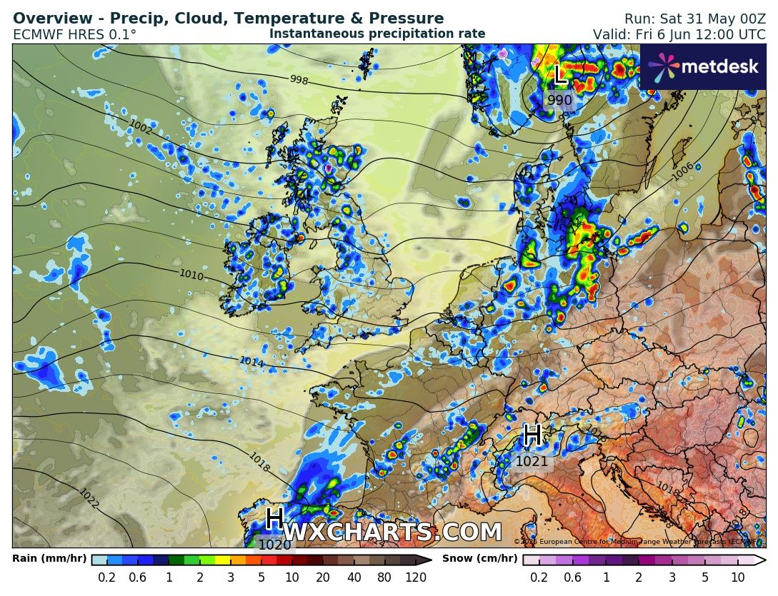 SUNDAY-FRIDAY OUTLOOK

Fresher air arrives on Sunday so temps drop &amp; the air won't be as muggy.

Bands of showers &amp; rain but some will come overnight &amp; there will still be some sunny spells.

Windy, esp. Sun/Tue. 

Max temps, 16-18°C, so no sign of a heatwave (ignore media).