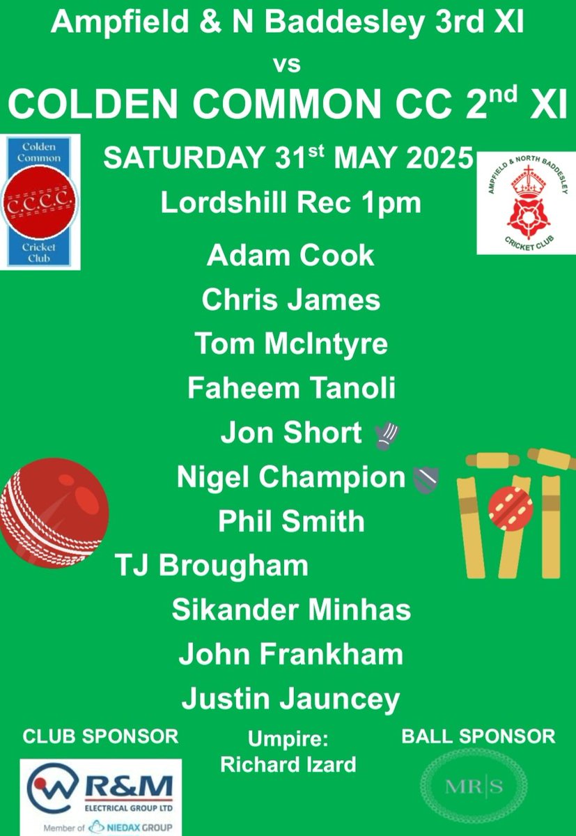 Saturday 31st May 2025 Team News

Colden Common 2nd vs Ampfield &amp; North Baddesley 3rd

Hantscl Div 6J