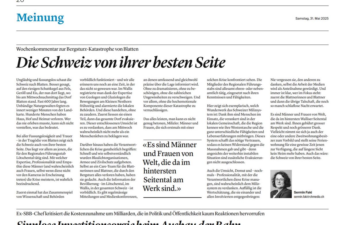 Elisabeth_S_S's tweet photo. Die Behörden, Miliz und Einsatzkräfte handeln mit Umsicht, Mut und Menschlichkeit.
Ein Beispiel dafür, wie gut unser System funktioniert – wenn es muss. @serminfaki @CH_Wochenende
#Blatten #Lötschental #Milizsystem #Solidarität https://t.co/7G1VT2fPCH