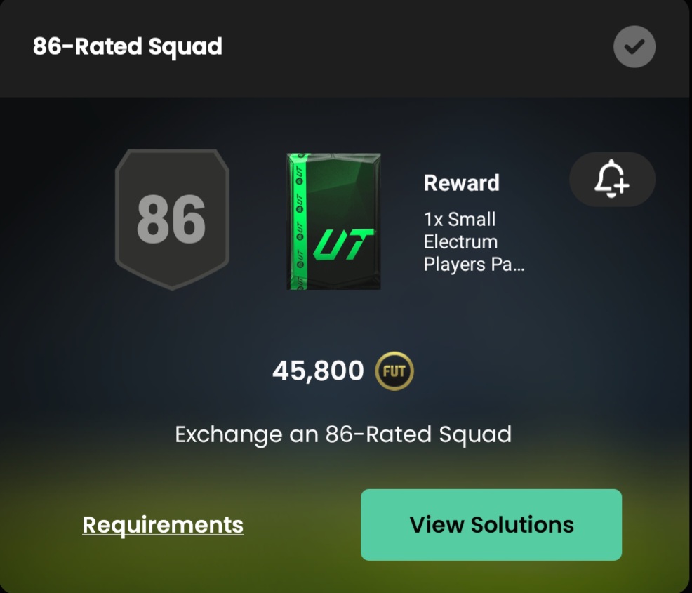 5 × 86 rated cards are more expensive than an 87 rated squad...

86s will also be extinct soon!

Please EA change the requirements to either:
• 86+ (instead exactly 86)
• 86-88
• 86 rated squad

🙏