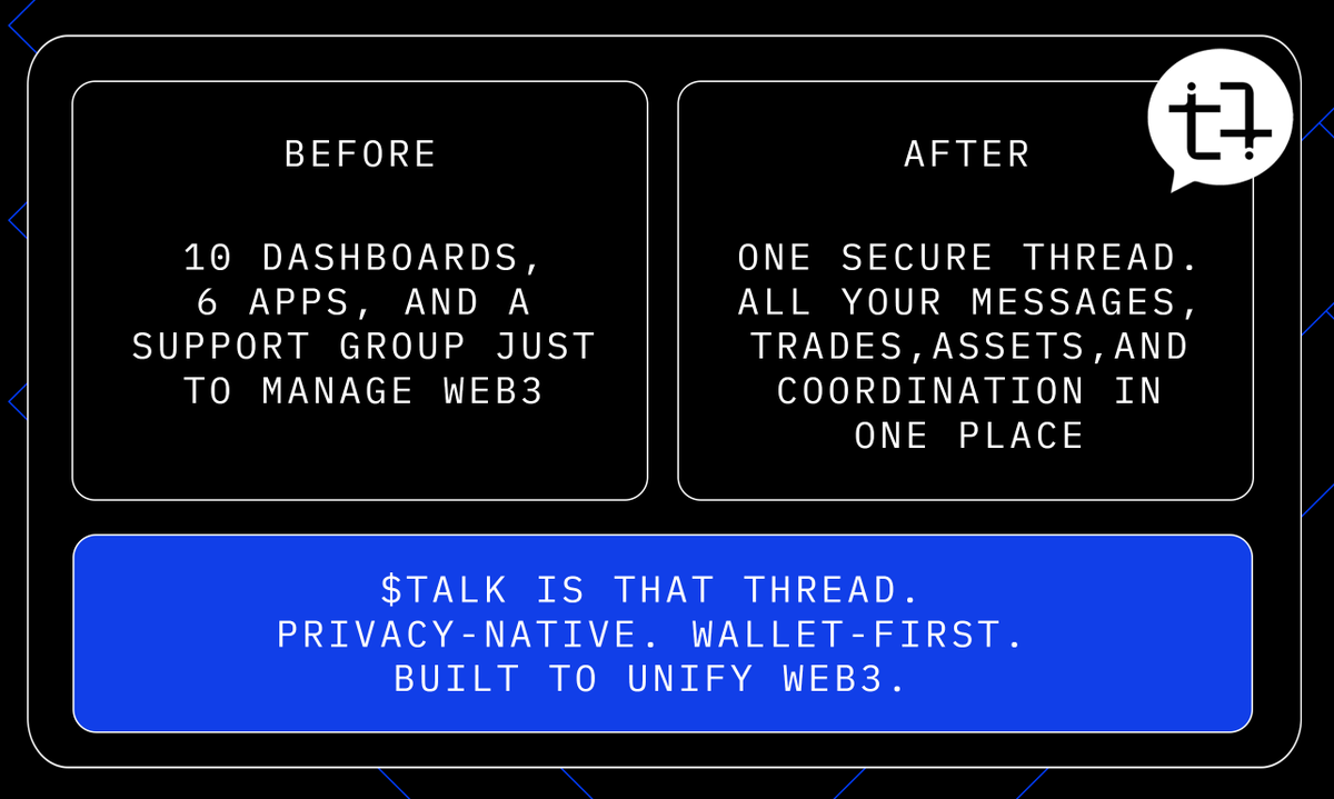 Before: Chaos
After: $TALK

One thread to message, trade, and coordinate privately. Welcome to wallet-native communication.
