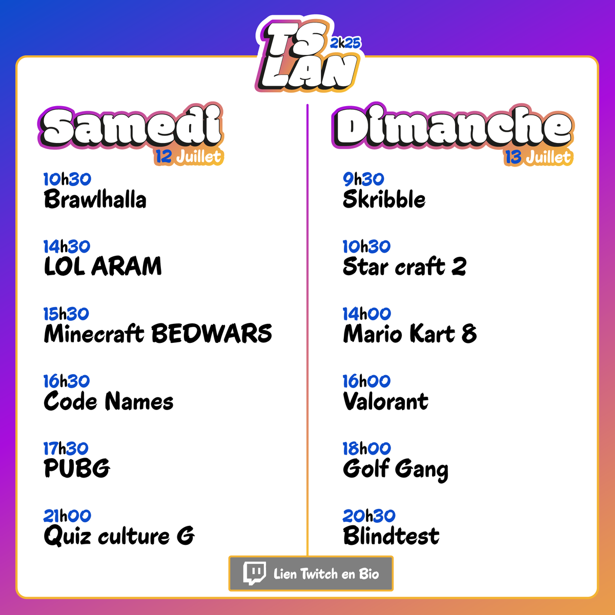 Teoad_Show's tweet photo. 🔹 Équipes de 2
🔹 30€ pour logement + repas 2j
🔹 Déplacement nécessaire (Aube - 10)
🏆 300€ à gagner pour le duo vainqueur !
📍 Inscriptions ouvertes 👇
https://t.co/ko0gqTZ1fC
#TSLAN2k25 #LANFR #GamingFR #TournoiGaming #Multigaming #TeoadShow #EsportFR #JeuxVidéo #openevent https://t.co/0PiEQ6oJTH