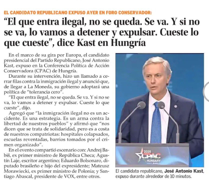 Equipo Kast (@equipokast) on Twitter photo “El que entra ilegal, no se queda. Se va. Y si no se va, lo vamos a detener y expulsar.”
Desde Hungría, .<a href="/joseantoniokast/">José Antonio Kast Rist 👍🇨🇱</a> fue claro: Chile no será el refugio del crimen organizado. “El que entra ilegal, no se queda. Se va. Y si no se va, lo vamos a detener y expulsar.”
Desde Hungría, .<a href="/joseantoniokast/">José Antonio Kast Rist 👍🇨🇱</a> fue claro: Chile no será el refugio del crimen organizado.