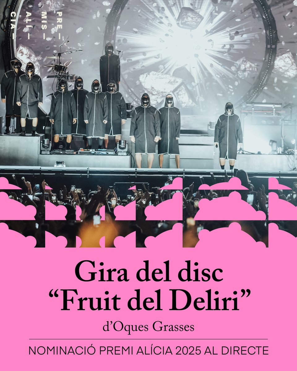 Acadèmia Catalana de la Música (@academiamusica_) on Twitter photo Els nominats del Premi Alícia 2025 al directe són:
El concert inaugural del MMVV de Lucía Fumero, presentant l'àlbum "Folklore"
“Mamemi… Mozart!”, amb direcció i arranjaments d'<a href="/eduardiniesta/">Eduard Iniesta</a>
“Un Mar de Músiques", de <a href="/jordisavall/">Jordi Savall</a>
“Fruit del Deliri”, d’@oquesgrasses Els nominats del Premi Alícia 2025 al directe són:
El concert inaugural del MMVV de Lucía Fumero, presentant l'àlbum "Folklore"
“Mamemi… Mozart!”, amb direcció i arranjaments d'<a href="/eduardiniesta/">Eduard Iniesta</a>
“Un Mar de Músiques", de <a href="/jordisavall/">Jordi Savall</a>
“Fruit del Deliri”, d’@oquesgrasses