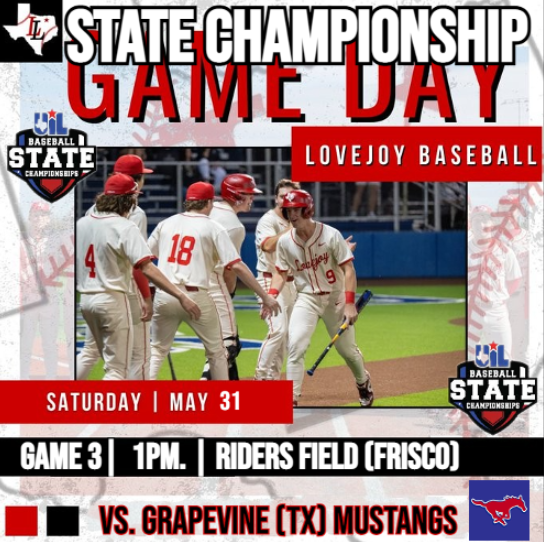 Texas UIL SPORTS (@texasuil_sport) on Twitter photo 🚨UIL State championships🚨
Lovejoy vs Grapevine
📺 bit.ly/4d4J7B7
📅 Saturday 31
⏰ @ 1p.
<a href="/LLDiamondClub/">Lovejoy Leopards Diamond Baseball Booster Club</a> <a href="/LovejoyBaseball/">Lovejoy High School Baseball</a> <a href="/Lovejoy_HS/">Lovejoy High School</a> <a href="/coachDJLopez/">Coach DJLopez</a> <a href="/MrsStaceyThomas/">Stacey Thomas</a> <a href="/ReaganJack2023/">Reagan Jackson</a> <a href="/JayceSeaber/">Jayce Seaber²</a> <a href="/reese_ogden/">Reese Ogden</a> <a href="/coachparkman93/">Elliot Parkman</a> <a href="/lucas_smith_08/">Lucas Smith</a> <a href="/mcorley75/">𝕄𝕒𝕣𝕔𝕪 ℂ𝕠𝕣𝕝𝕖𝕪, EdD</a> <a href="/CoachVWill/">Coach Vince Williams</a> 🚨UIL State championships🚨
Lovejoy vs Grapevine
📺 bit.ly/4d4J7B7
📅 Saturday 31
⏰ @ 1p.
<a href="/LLDiamondClub/">Lovejoy Leopards Diamond Baseball Booster Club</a> <a href="/LovejoyBaseball/">Lovejoy High School Baseball</a> <a href="/Lovejoy_HS/">Lovejoy High School</a> <a href="/coachDJLopez/">Coach DJLopez</a> <a href="/MrsStaceyThomas/">Stacey Thomas</a> <a href="/ReaganJack2023/">Reagan Jackson</a> <a href="/JayceSeaber/">Jayce Seaber²</a> <a href="/reese_ogden/">Reese Ogden</a> <a href="/coachparkman93/">Elliot Parkman</a> <a href="/lucas_smith_08/">Lucas Smith</a> <a href="/mcorley75/">𝕄𝕒𝕣𝕔𝕪 ℂ𝕠𝕣𝕝𝕖𝕪, EdD</a> <a href="/CoachVWill/">Coach Vince Williams</a>