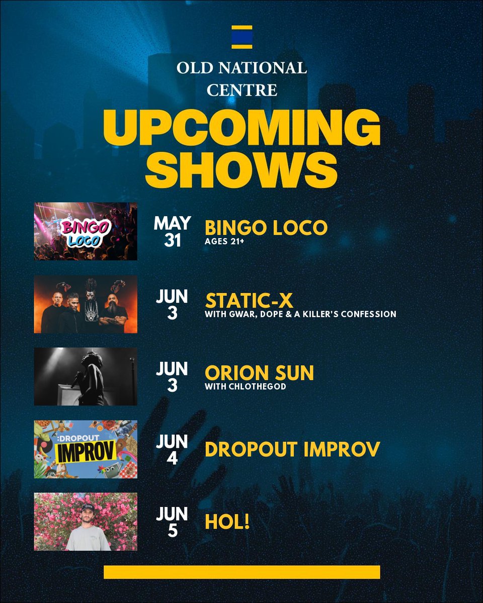 Check out these shows coming to Indy! 👀 

🌟 Bingo Loco | Egyptian Room | 5.31.25
🌟 Satic-X with GWAR | Egyptian Room | 6.3.25
🌟 Orion Sun | Deluxe | 6.3.25
🌟 Dropout Improv | Murat | 6.3.25
🌟 HOL! | Deluxe | 6.5.25

👉 Grab tickets now at livemu.sc/3tNqCMj