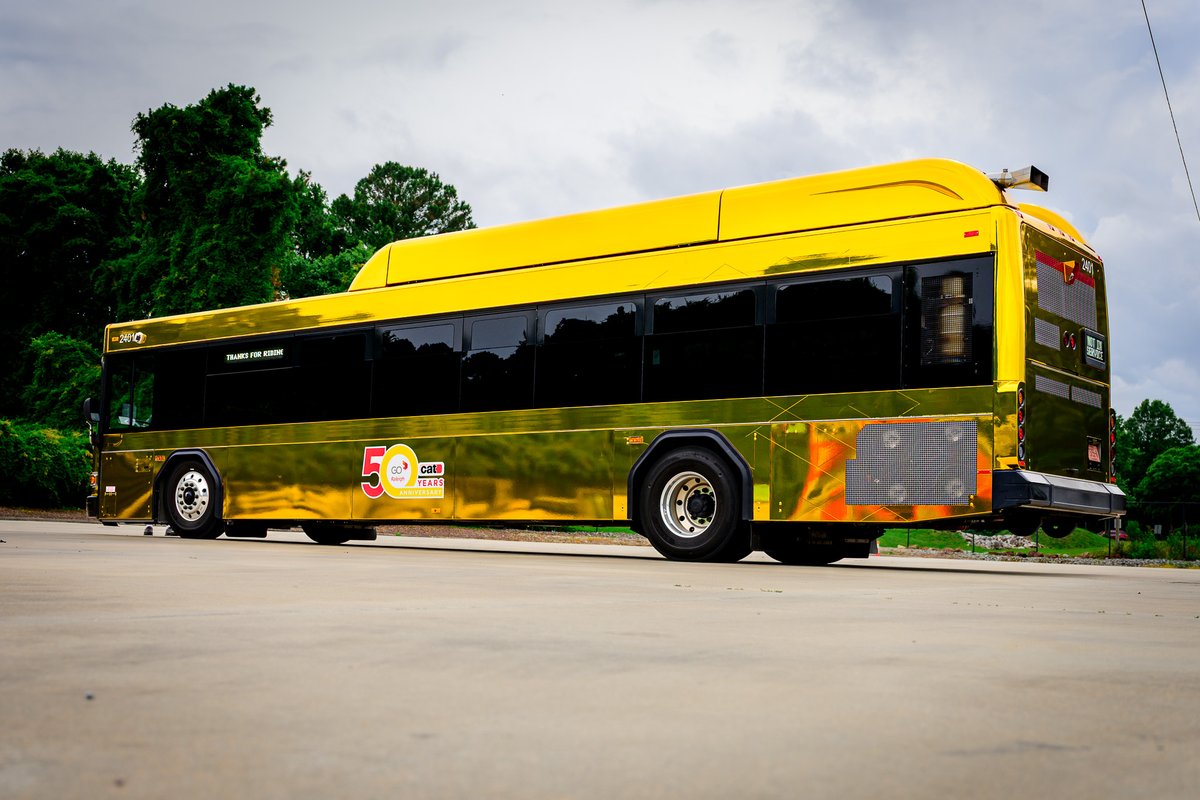 GoRaleighNC's tweet photo. Lookin' good in gold 🚍 

We’re celebrating our golden 50th anniversary in a big, shiny way — keep an eye out for our anniversary bus rolling through the city in style! https://t.co/rzJ5hhxvou