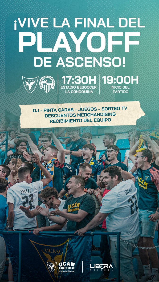 ⚽ ¡Vamos, <a href="/UCAMMurciaCF/">UCAM Murcia CF</a>!
📍 Este domingo, vive la final del playoff de ascenso en el <a href="/besoccer_ES/">BeSoccer</a> La Condomina.
🕠 Actividades desde las 17:30h 

🎧 DJ, juegos, pintacaras, sorteo de una TV, descuentos en merchandising y mucho más...

💙💛 ¡Recibamos juntos al equipo!