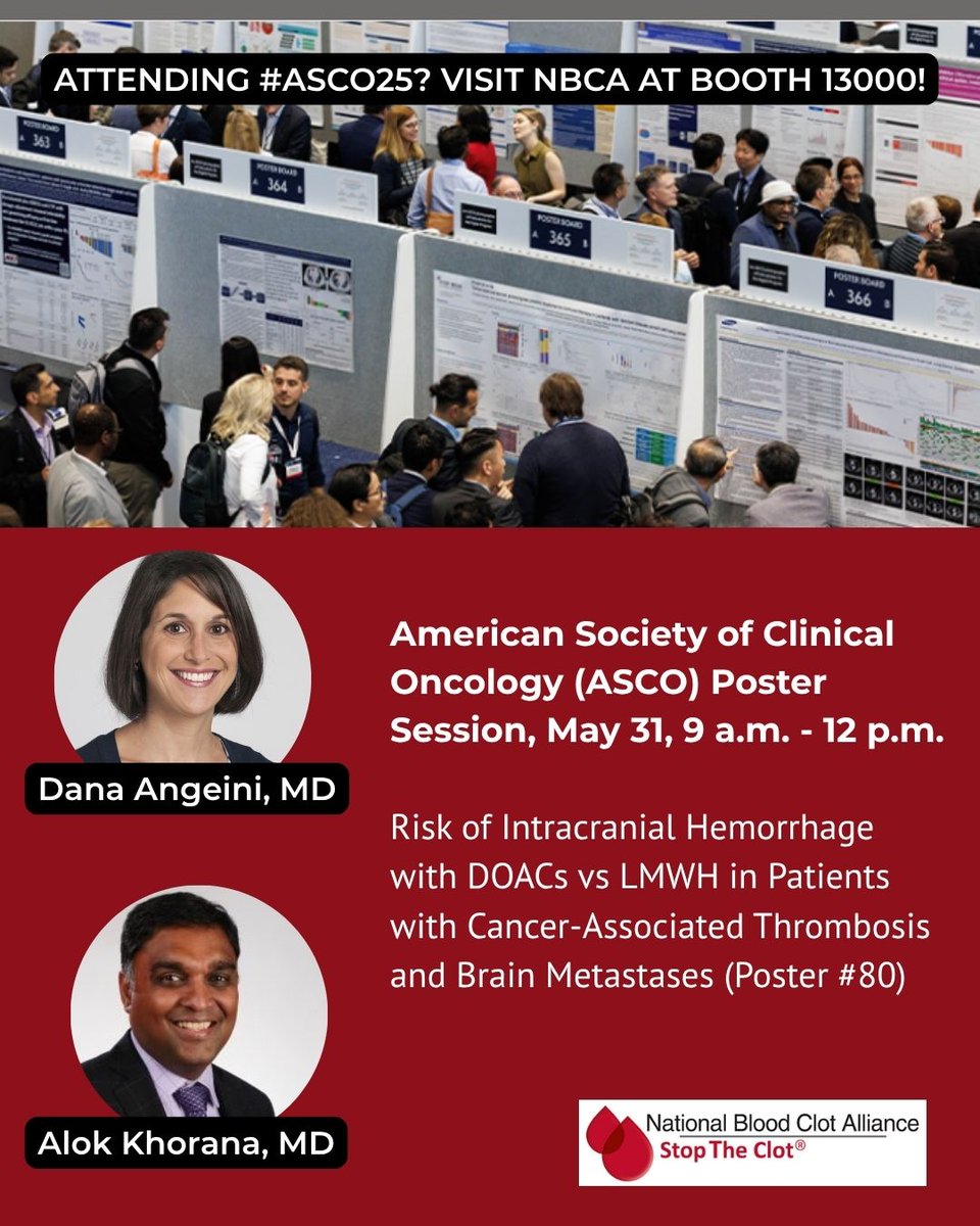 NBCA (@stoptheclot) on Twitter photo New research from NBCA’s <a href="/aakonc/">Alok Khorana, MD</a> & <a href="/dangeliniMD/">Dana Angelini</a> shows DOACs may lower the risk of bleeding, ICU stays & death vs. LMWH in cancer patients with brain metastases.
📍Poster #80 | #ASCO25 | 9 a.m. –12 p.m.
🔗 asco.org/abstracts-pres…
📍Visit NBCA at booth 13000!
#StopTheClot New research from NBCA’s <a href="/aakonc/">Alok Khorana, MD</a> & <a href="/dangeliniMD/">Dana Angelini</a> shows DOACs may lower the risk of bleeding, ICU stays & death vs. LMWH in cancer patients with brain metastases.
📍Poster #80 | #ASCO25 | 9 a.m. –12 p.m.
🔗 asco.org/abstracts-pres…
📍Visit NBCA at booth 13000!
#StopTheClot