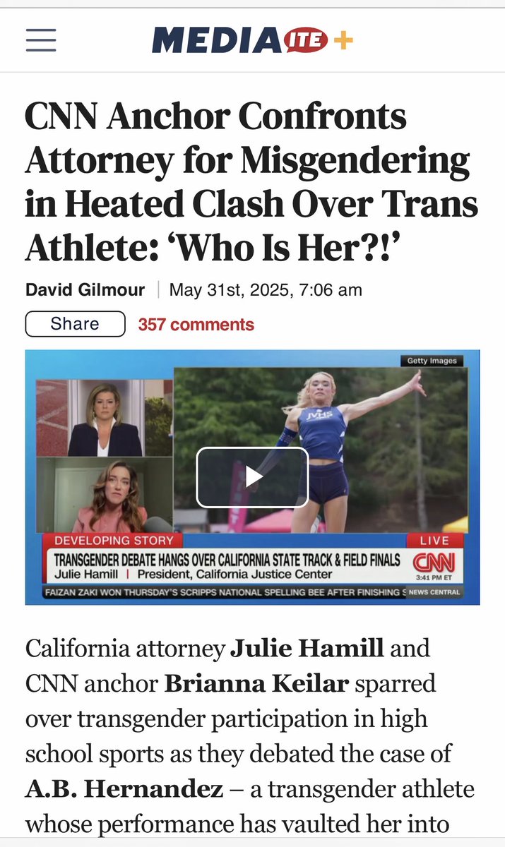 Look at this complicit “reporter” and his false headline. It was the anchor, not the attorney, who “misgendered” the male athlete pretending to be female. We ARE DONE playing along with the delusions of unwell people. Those who do so are #partoftheproblem