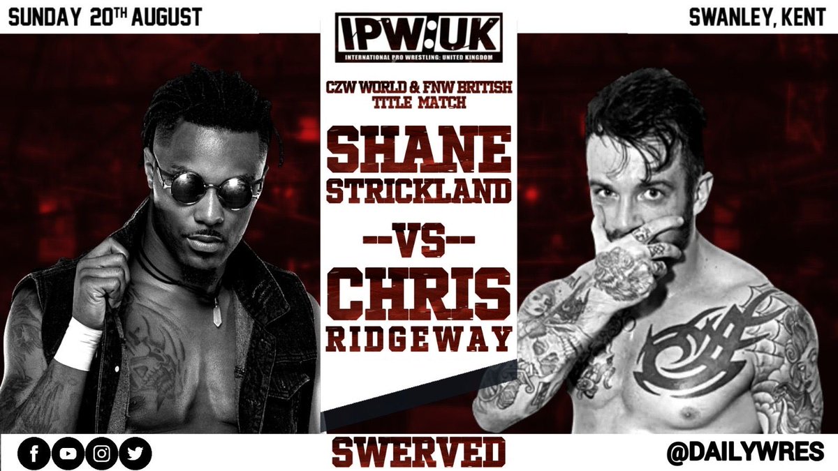DailyWres's tweet photo. Shane 'Swerve' Strickland had three titles, with only his CZW World Heavyweight Title up on the line in this CHAMP VS CHAMP match!  For Chris Ridgeway, it's his FNW British Title that is up for grabs.  Winner goes home with both belts!

WATCH NOW:  https://t.co/eJtrQVrj6e https://t.co/Ot4isRBv74