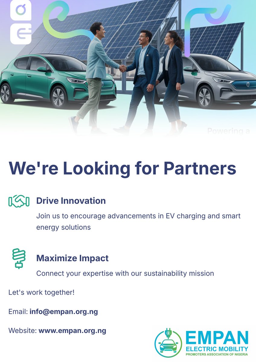 empanigeria's tweet photo. Partner With EMPAN
We’re calling on local + global orgs to power Nigeria’s e-mobility future. Let’s align and accelerate. 🌍⚡
📩 info@empan.org.ng
#PoweringTheMovement #EVNigeria #JoinUs @UNEP @SEforALLorg @GIZNigeria https://t.co/UdD3OKyvjE