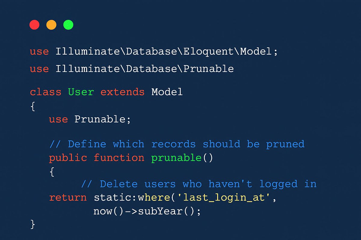 TheAlienEmerson's tweet image. #LaravelTip: Want to automatically clean up old records from your database? Use the Prunable trait!
No need for custom Artisan commands — Laravel handles it for you. 

Example:

Let’s say you want to delete users who haven’t logged in for over a year: