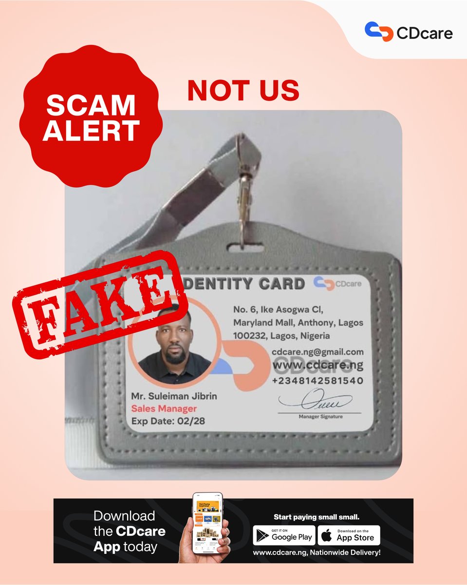 CDcareNG's tweet image. Again, please note that the CDcare app is our only authorised medium for transactions.

DO NOT send money to any other account that is not your personalised CDcare account number.

Stay safe and shop smart.

#CDcarepaysmallsmall #Safetyworkshop #Shopsafely