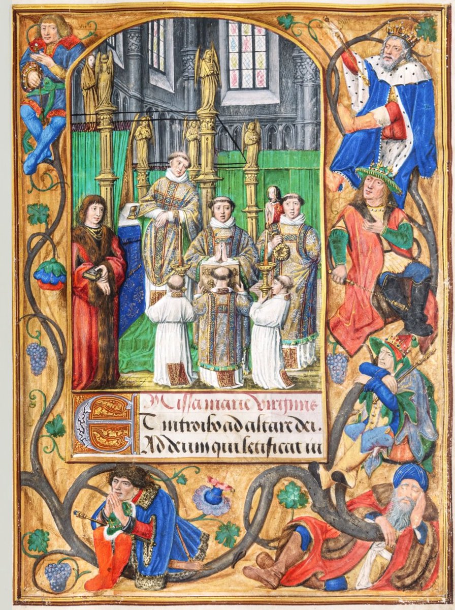 The deacon proclaims the Gospel in a Solemn Mass in honor of the Virgin Mary. 
Boarder with figures from the genealogy of Christ (Tree of Jesse).
Spitzer Hours, Flemish, ca. 1500
Günther Rare Books
