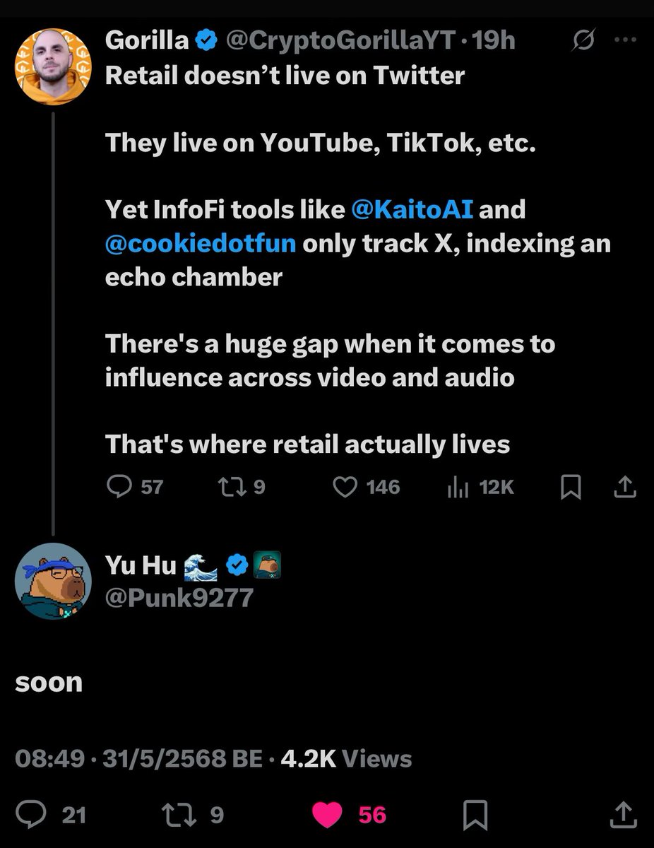 BREAKING: Kaito planning to implement crypto YouTube and TikTok mindshare tracking “soon”