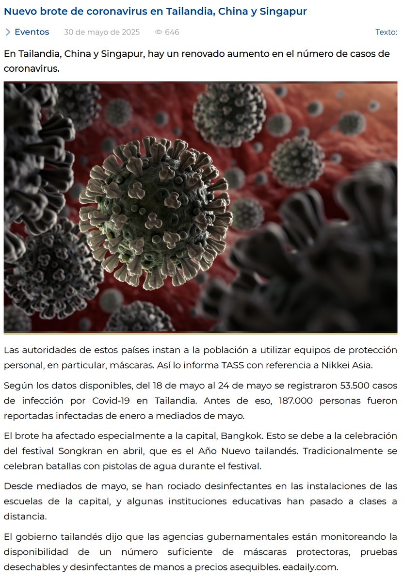 Desde mediados de mayo, la covid repunta fuerte en Asia. Se rocían desinfectantes en instalaciones y escuelas de la capital Bangkok y algunas instituciones educativas han pasado a dar clases a distancia.
La variante en liza es NB.1.8.1., aquí en breve...
yuz.uz/en/news/v-tail…