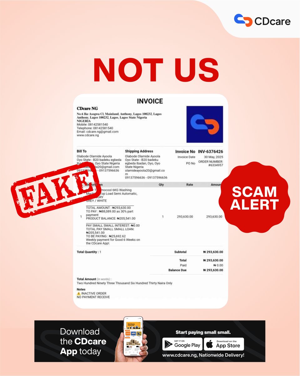 CDcareNG's tweet image. Again, please note that the CDcare app is our only authorised medium for transactions.

DO NOT send money to any other account that is not your personalised CDcare account number.

Stay safe and shop smart.

#CDcarepaysmallsmall #Safetyworkshop #Shopsafely