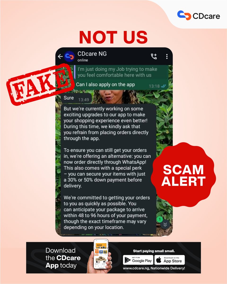 CDcareNG's tweet image. Again, please note that the CDcare app is our only authorised medium for transactions.

DO NOT send money to any other account that is not your personalised CDcare account number.

Stay safe and shop smart.

#CDcarepaysmallsmall #Safetyworkshop #Shopsafely