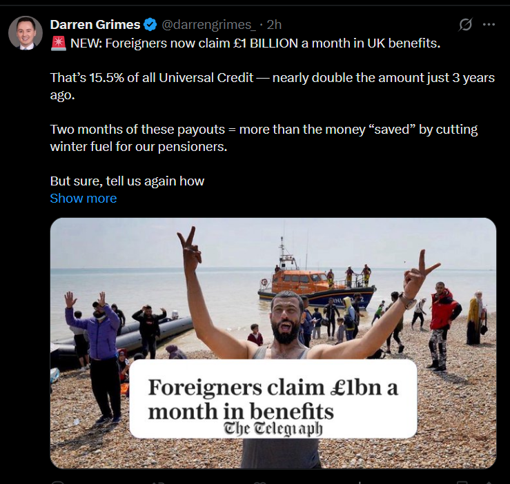 dave43law's tweet photo. See desperate Durham Deputy Darren Grimes is still promoting misinformation and racist agendas

He even quotes double the amount 3 years ago but does not tell you 300k came from Ukraine in that time span and were immediately entitled to benefit - because that explains the huge jump