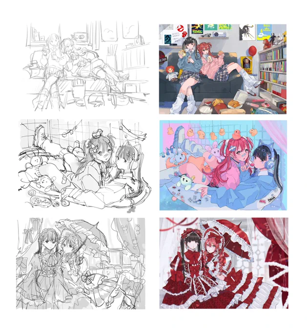陰キャギャル見開きカラーのラフまとめてみた📝百合姫で見たことある〜❔💭 