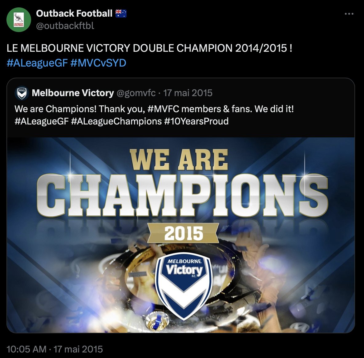 Saison terminée

✅🏆 C'était la 10ème finale de @ALeagueMen vécue ici depuis un titre du Melbourne Victory.

On reste là pour préparer la saison 2025-26 !