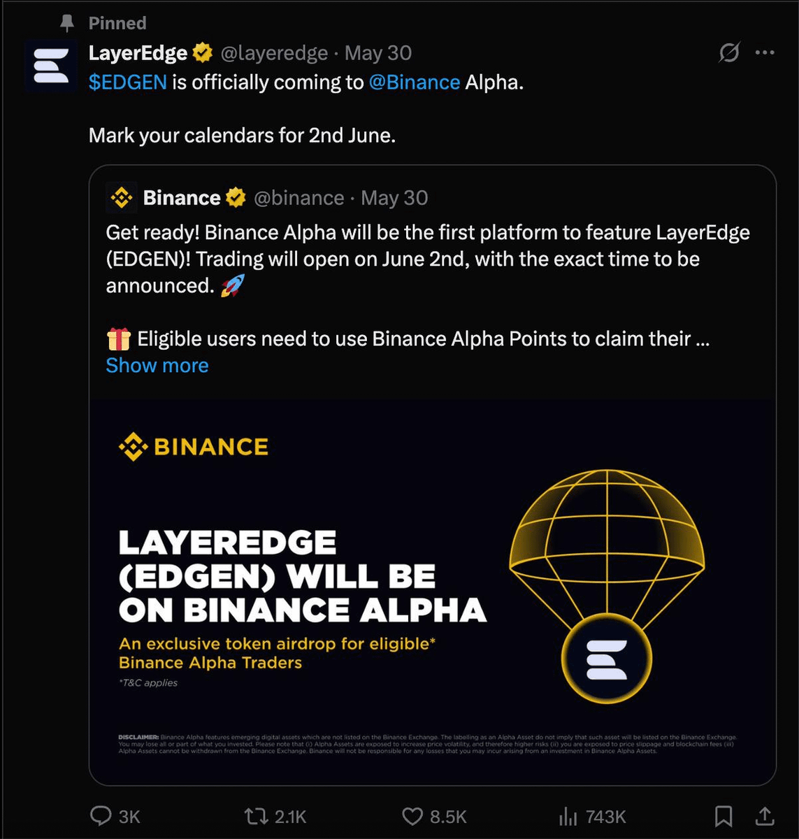 weicaller's tweet photo. bLayerEdge is listing June 2. This is one of the cleanest zk plays of the cycle — Bitcoin-backed, community-first, no VC dump in sight.

The IDO details haven’t dropped yet, but we’re expecting a 50M token raise at roughly a $20M FDV.

Key points:

Token: $EDGEN
Total supply: 1 billion
IDO allocation: 50 million (5%)
100% unlocked at TGE — no lockups
100% of funds flow directly into on-chain liquidity

Price is expected between $0.05 and $0.12 with about 300 million tokens circulating at launch, implying a $20M–$40M market cap. That’s lean for a Bitcoin-secured zk infra play.

Targets:
Bear: $0.05 (2.5x)
Base: $0.125 (6.25x)
Bull: $0.50 (25x)
Mega bull: $1.25 (62.5x)

No slow vesting, no sneaky insider dumps, just pure tokenomics and strong fundamentals. If the zk narrative heats up again, $EDGEN will be a rocket.

Stay ahead of the curve and watch this one closely.

Follow and join the hype:
X: https://t.co/26VbaQgh1L
Telegram: https://t.co/96vpx9I0k5
Discord: https://t.co/Ky35bYE8wP