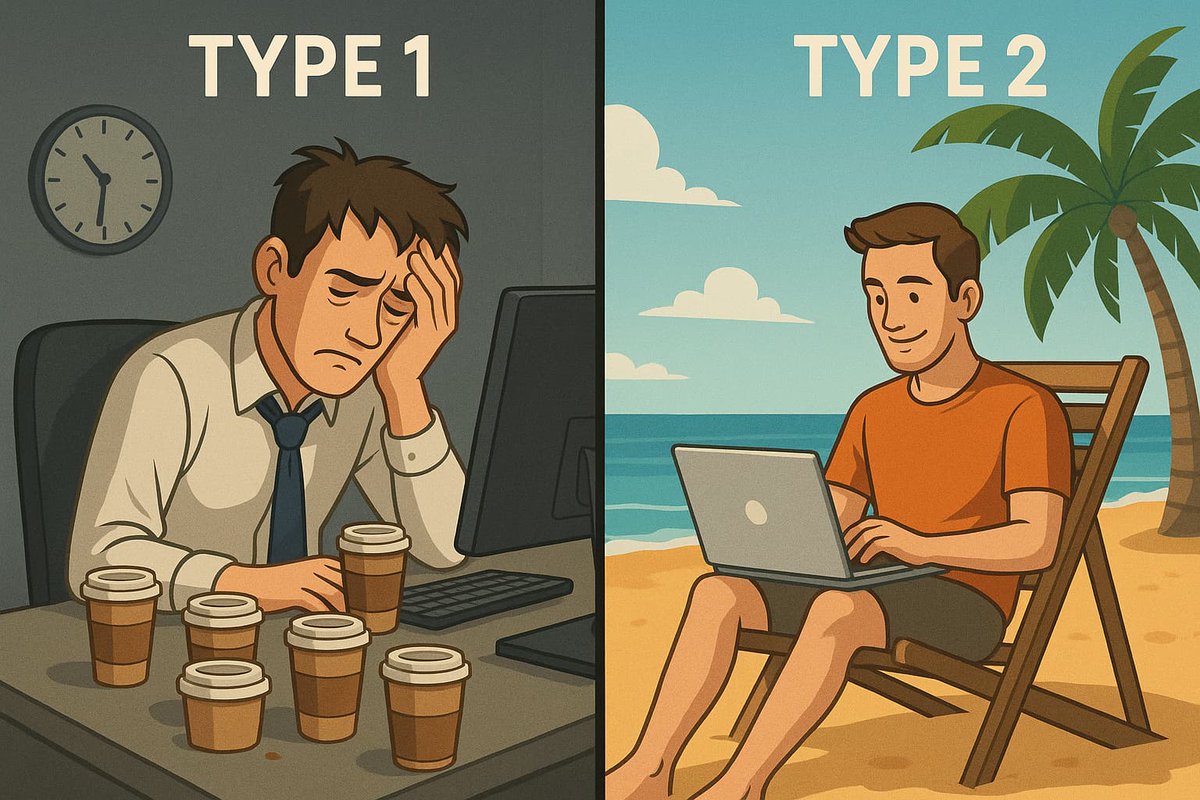 There are two types of rich devs:

Type 1:
- Earns 20–60 LPA
- Works 12 hours daily
- No time for gym or hobbies
- Consumes caffeine every 2 hours
- Believes they love it

Type 2:
- Earns 20–60 LPA
- Works 6 hours daily
- Spends time with family
- Enjoys hobbies
- Meets friends
-