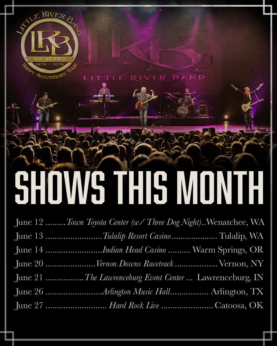 We’re wrapping up May and ready to roll into another busy month, kicking things off with the legendary Three Dog Night on June 12! 🙌 Where will we see you?!

🎟️: bit.ly/LRBTourDates25

#HappyAnniversaryTour #LittleRiverBand #OnTour #JuneShows #ThreeDogNight