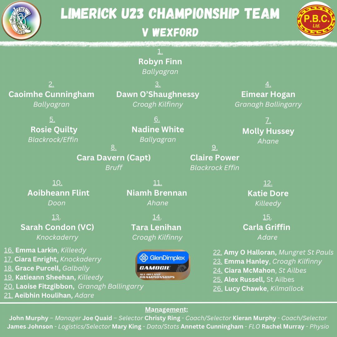 Wishing all involved with the Limerick Senior and U23 Camogie teams the best of luck today in their All Ireland Championships V Wexford🤞🏻🤞🏻

Special mention to current and former JTBCS students Caroline, Lisa, Mairéad and Alex
🟢⚪️ 🟢⚪️

#luimneachabú       <a href="/LimCamogie/">Limerick Camogie</a>