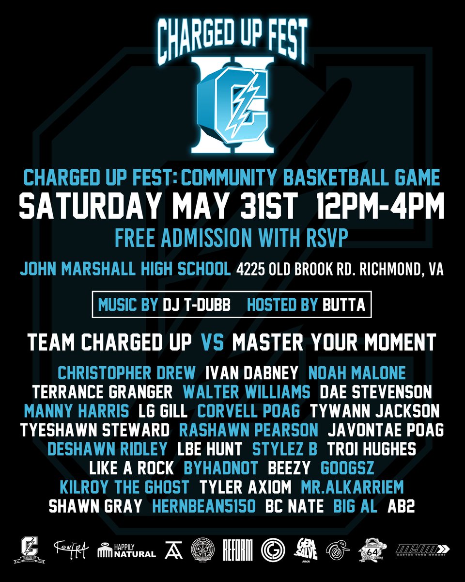 chrgdupent's tweet image. CHARGED UP FEST — TODAY!
🕛 12PM: Community Basketball Game
📍 John Marshall HS | RVA
🏀 Team Charged Up vs Master Your Moment
🎥 Whipp’n &amp;amp; Flow filming live
🍔 Food by Buddy Tu’s
🎬 “Who’s Next 757” filming after @ secret location

#ChargedUpFest #RVA
#chargedupent