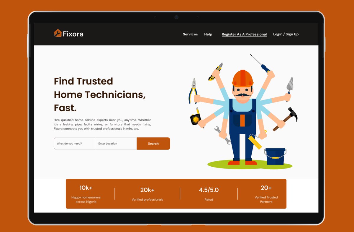 Design in Progress: Fixora — Home Services Marketplace
Just wrapped up the hero section for Fixora, a web app I'm designing. The platform connects homeowners with trusted technicians like plumbers, electricians, and carpenters.
#UIDesign #UXDesign #FigmaDesign #WebAppDesign